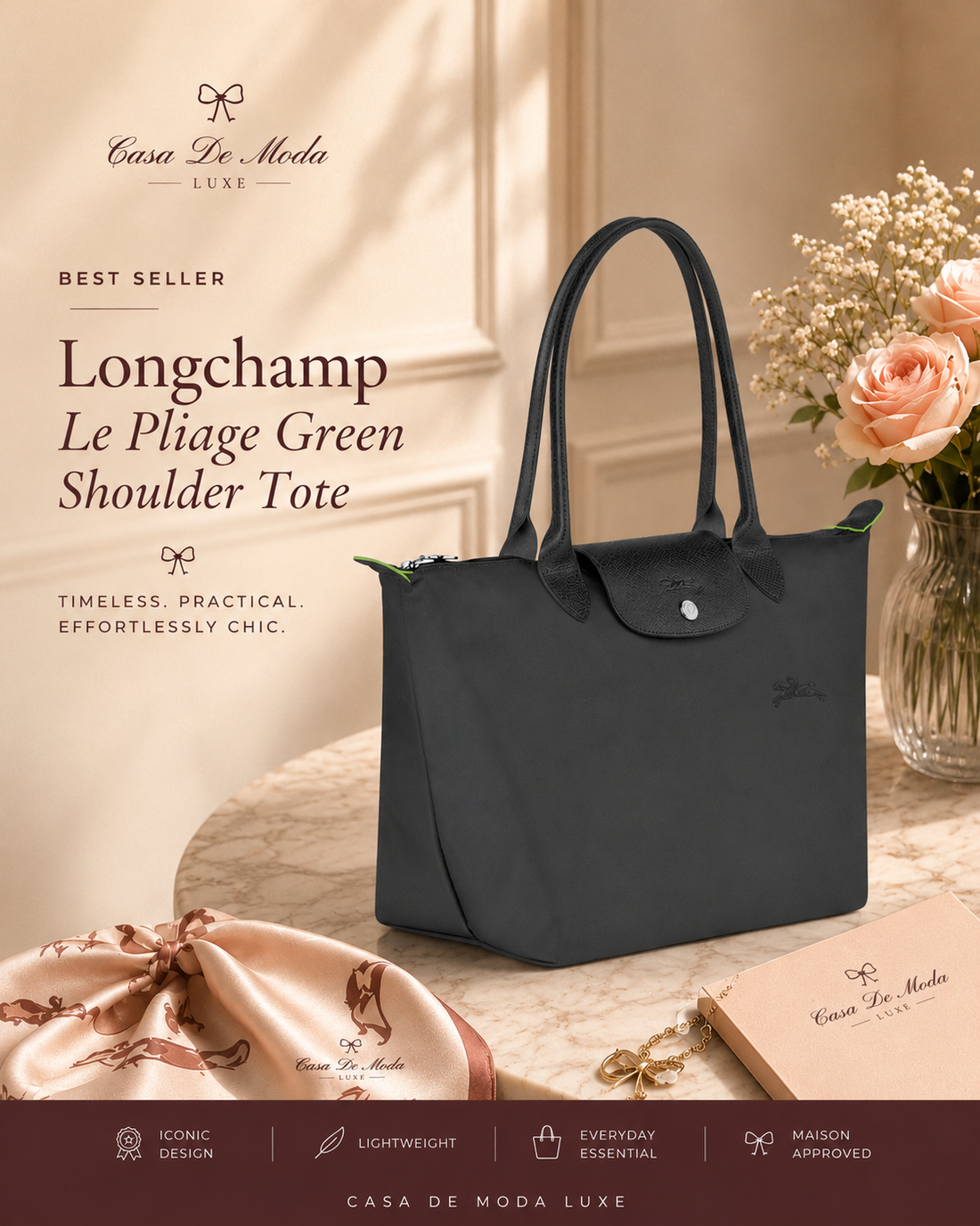 Authentic Longchamp Le Pliage Green M Tote Bag — Graphite